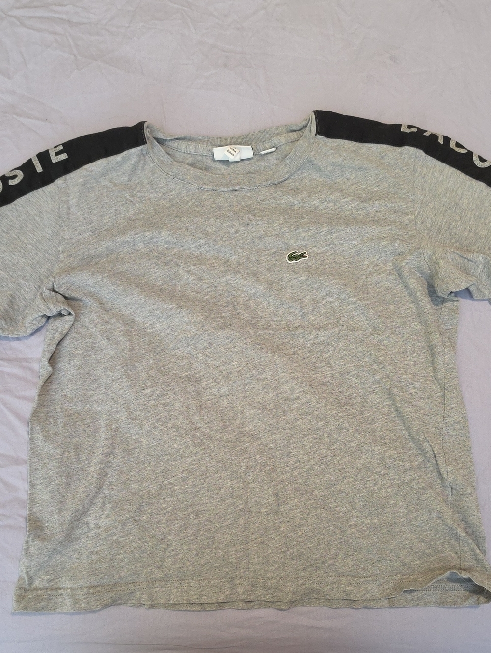Lacoste Kids Grey Tee with Black Shoulder Stripes